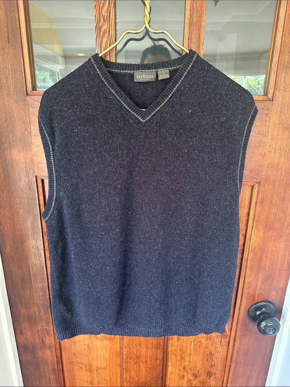 VTG Van Heusen Knit V-Neck Sweater Vest Navy Blue Gray Academia Grunge Gorpcore
